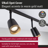 URail Spot Cover in matte black with warm gold accent, LED track spotlight suitable for GU10 bulbs