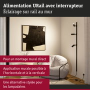 Spots noirs URail avec interrupteur sur rail fixés au mur dans un salon moderne avec tableau et fauteuil