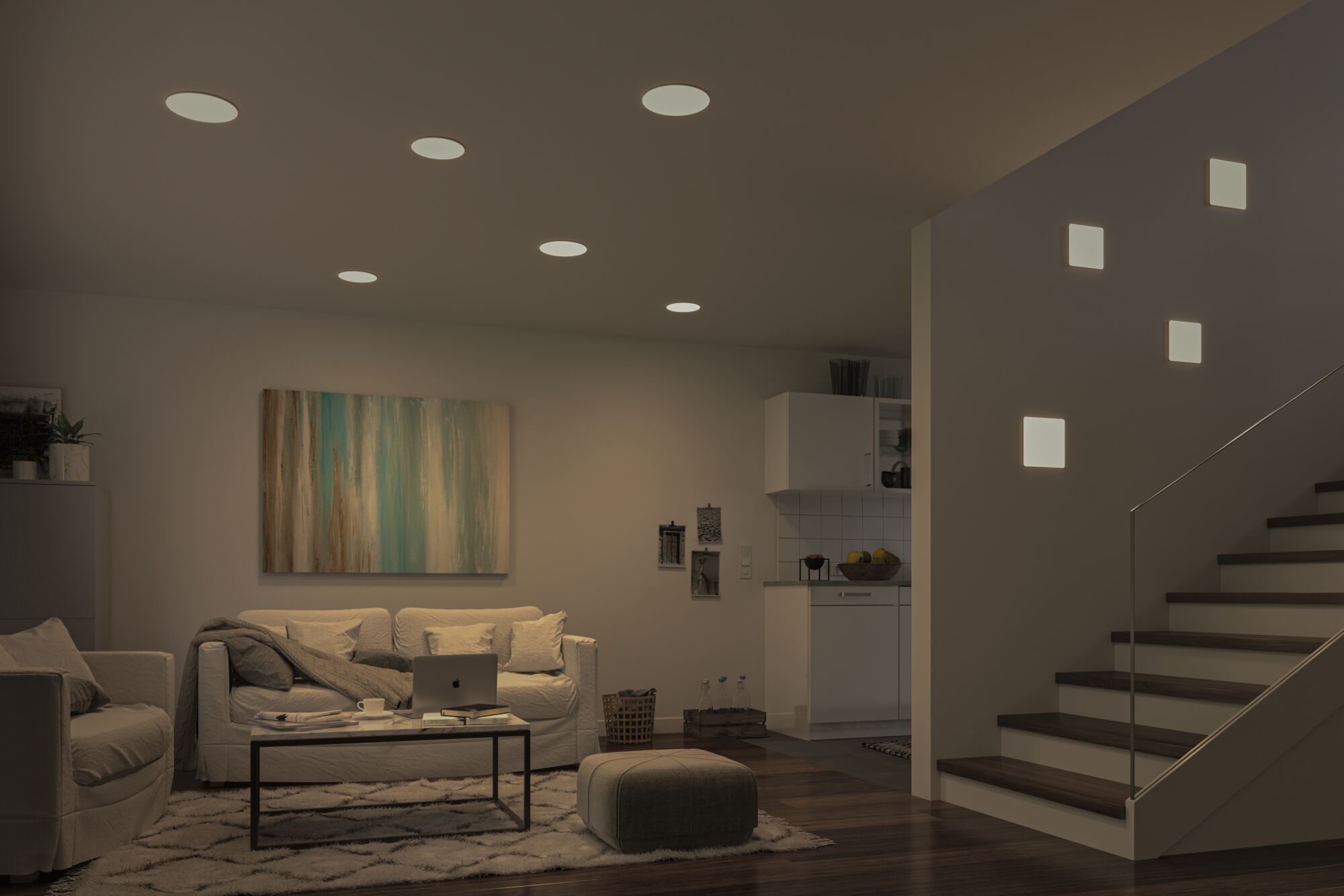 Modern living room with white LED recessed lights and square wall lamps by staircase, wooden flooring