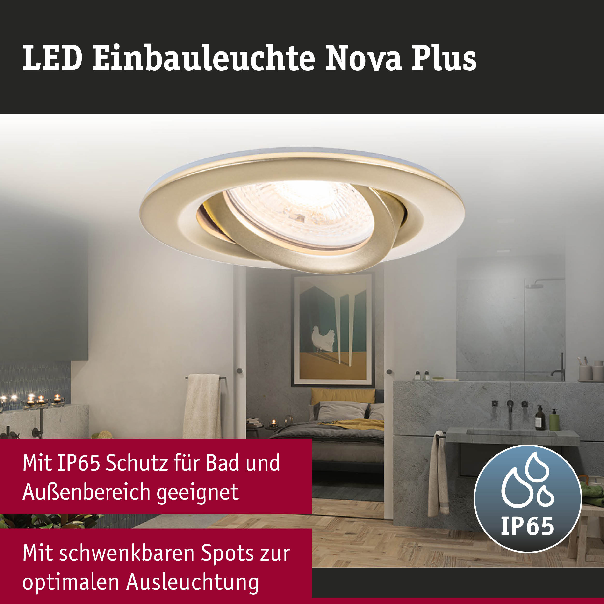LED Einbauleuchte Nova Plus in goldfarbenem Metall mit IP65 Schutz für Bad und Außenbereich