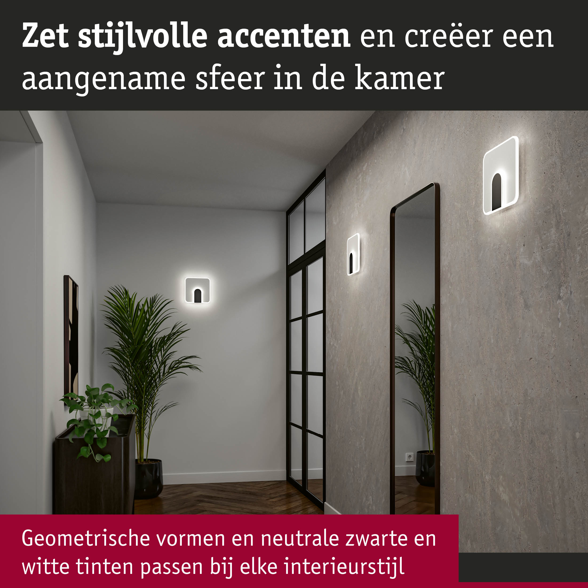 Moderne witte LED-wandlampen met geometrisch ontwerp in stijlvolle hal met spiegel en planten