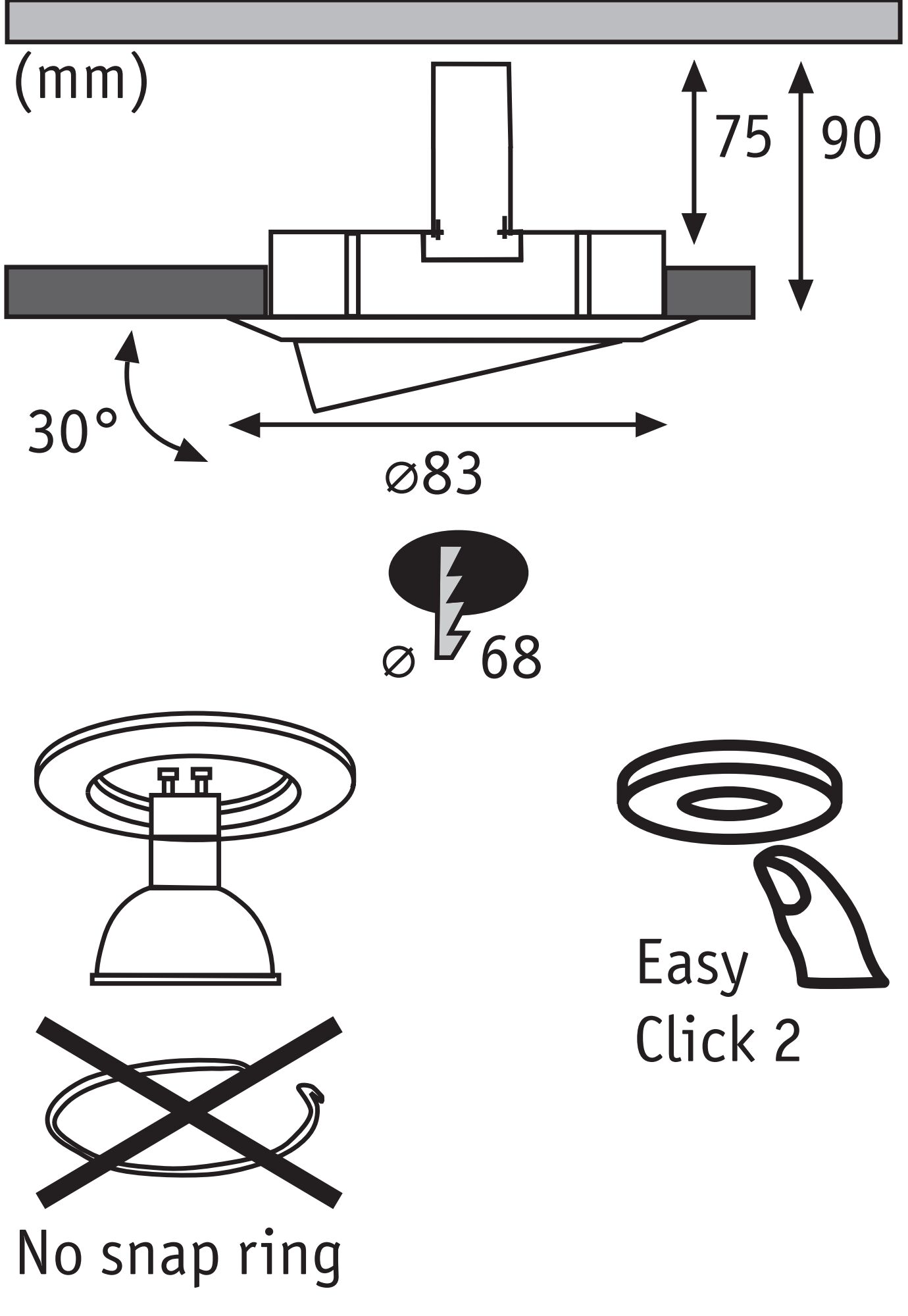 Technische tekening van inbouwspot met 83 mm diameter en 30° kanteling, zonder veerring.