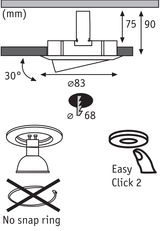 Technische tekening van inbouwspot met 83 mm diameter en 30° kanteling, zonder veerring.