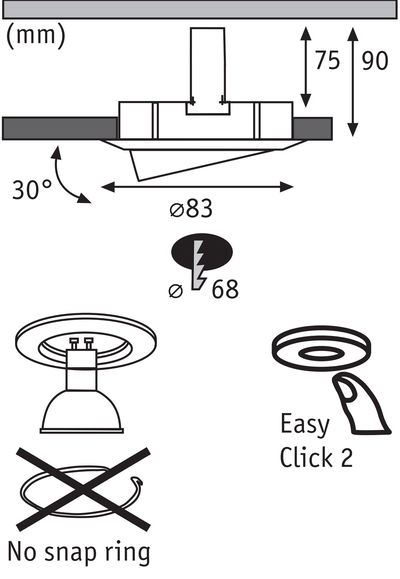 Technische tekening van inbouwspot met 83 mm diameter en 30° kanteling, zonder veerring.