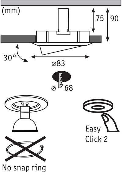 Technische Zeichnung eines Einbaustrahler mit 83 mm Durchmesser und 30° Neigung, ohne Federstahlring.