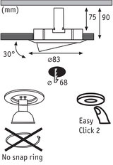 Technische Zeichnung eines Einbaustrahler mit 83 mm Durchmesser und 30° Neigung, ohne Federstahlring.