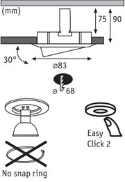 Technische Zeichnung eines Einbaustrahler mit 83 mm Durchmesser und 30° Neigung, ohne Federstahlring.
