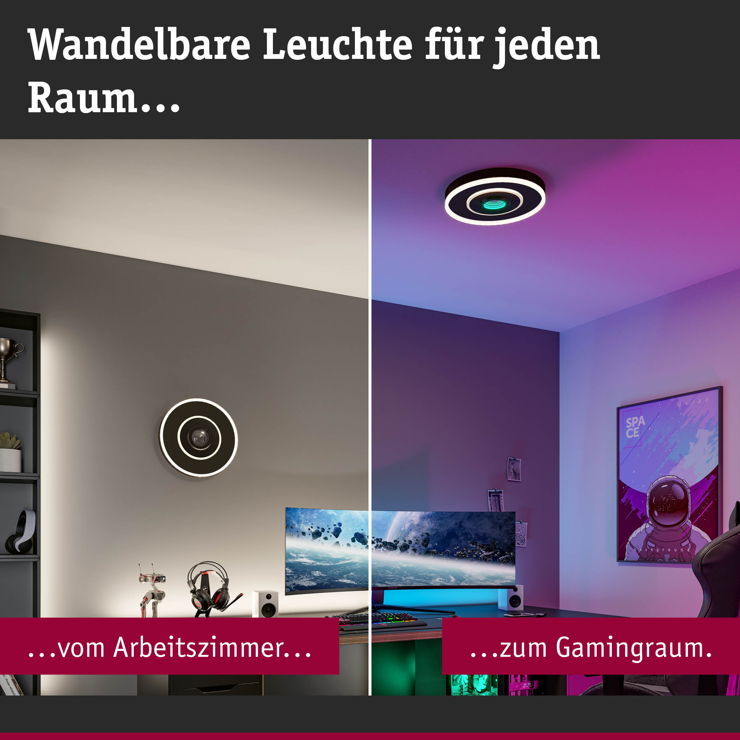 Moderne wandelbare Decken- und Wandleuchte in Schwarz mit LED-Ring für Arbeits- und Gamingräume
