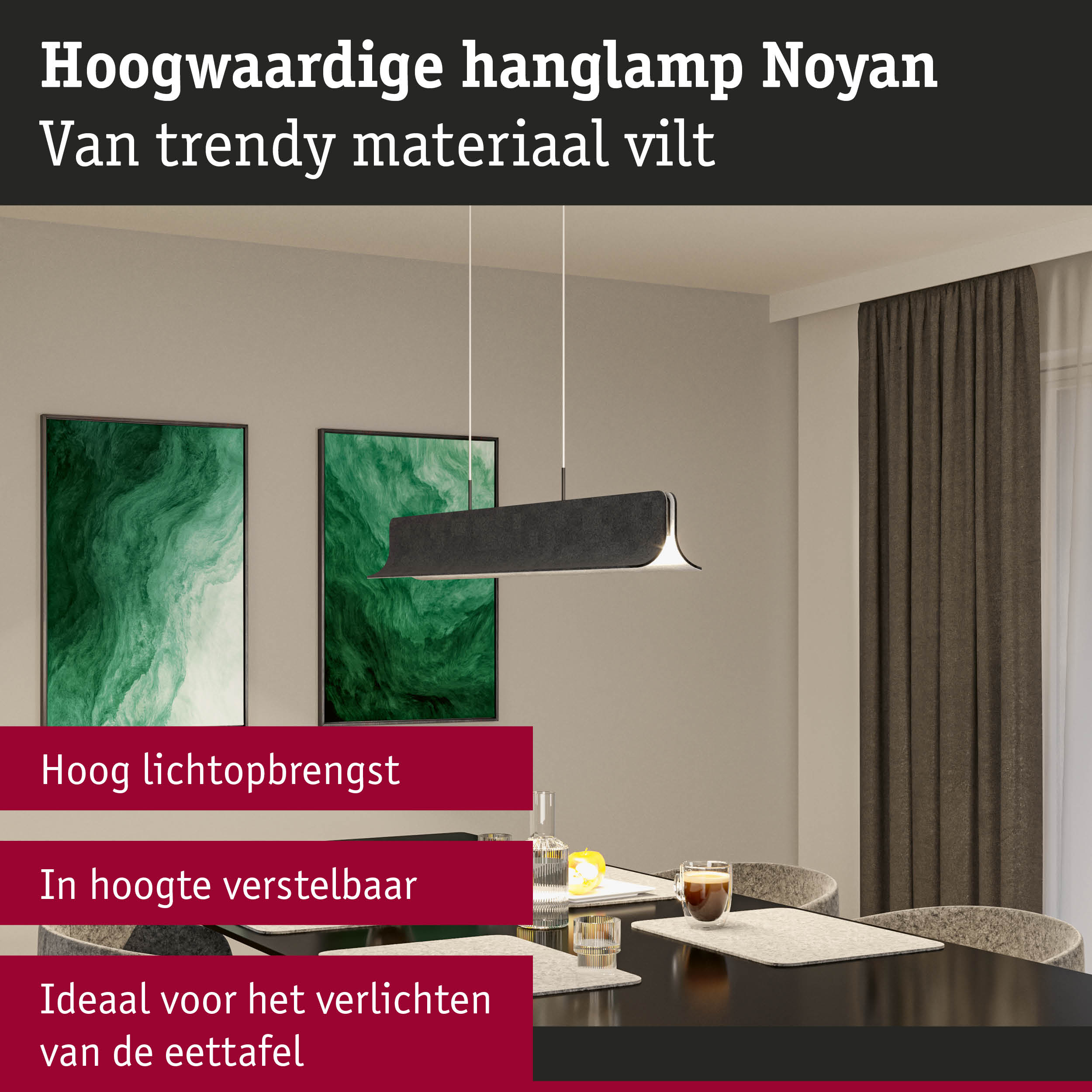 Moderne hanglamp Noyan van grijs vilt boven eettafel met decoratie en koffie