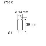 Technical drawing of G4 LED bulb with 13 mm diameter and 36 mm length, 2700 K warm light color