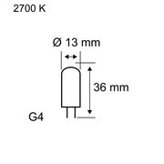 Technical drawing of G4 LED bulb with 13 mm diameter and 36 mm length, 2700 K warm light color