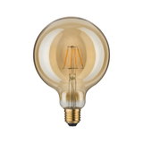 Runde LED-Glühbirne mit bernsteinfarbenem Glas und sichtbaren Filamenten für dekorative Beleuchtung