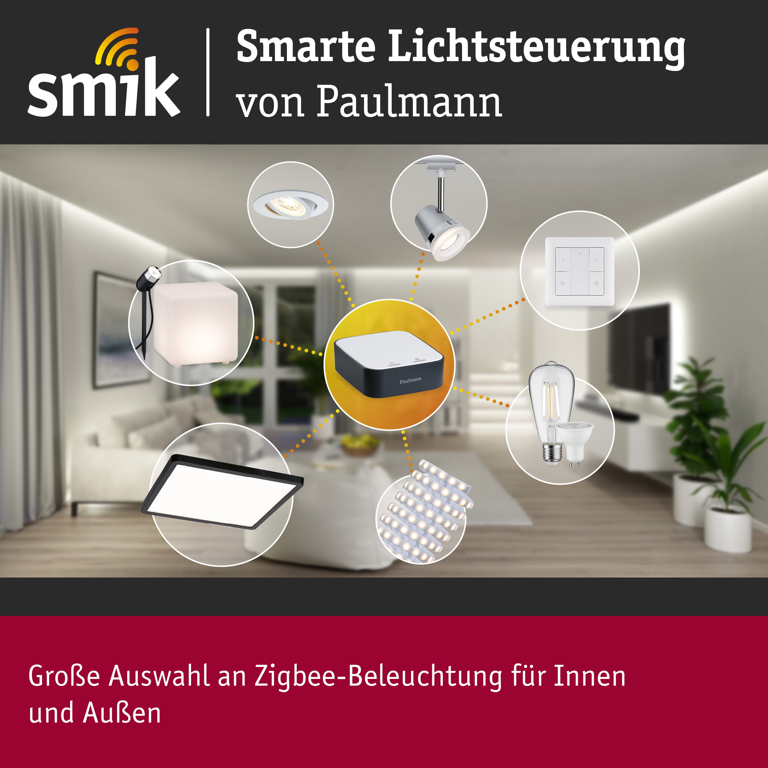 Smarte Lichtsteuerung von Paulmann mit Zigbee-Beleuchtung für Innen und Außen in modernem Wohnzimmer