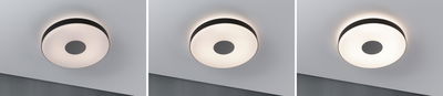 Drei runde Deckenleuchten mit schwarzem Rand und weißem Diffusor, dimmbares LED-Licht in modernem Raum.