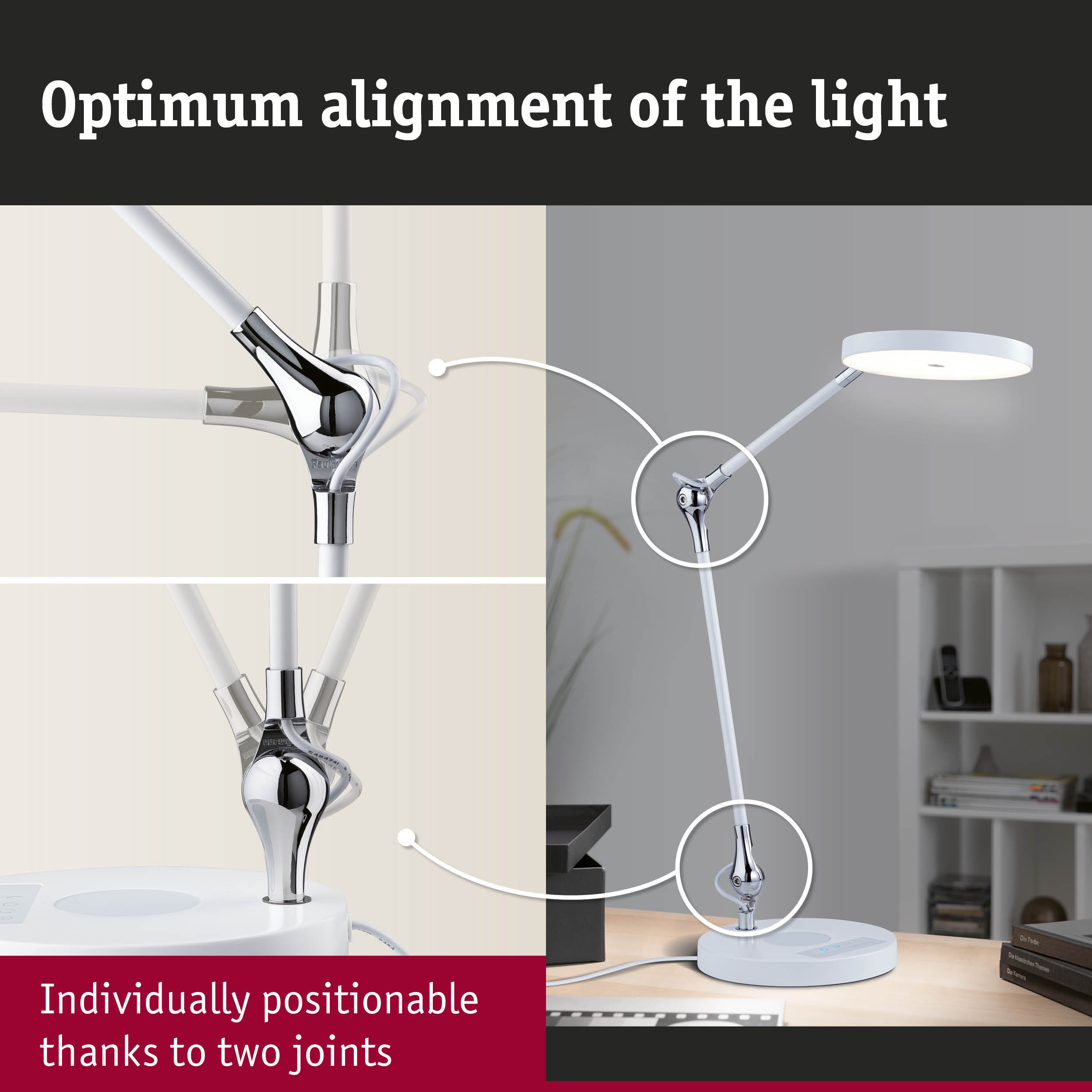 White LED desk lamp with chrome joints for flexible light positioning in office settings