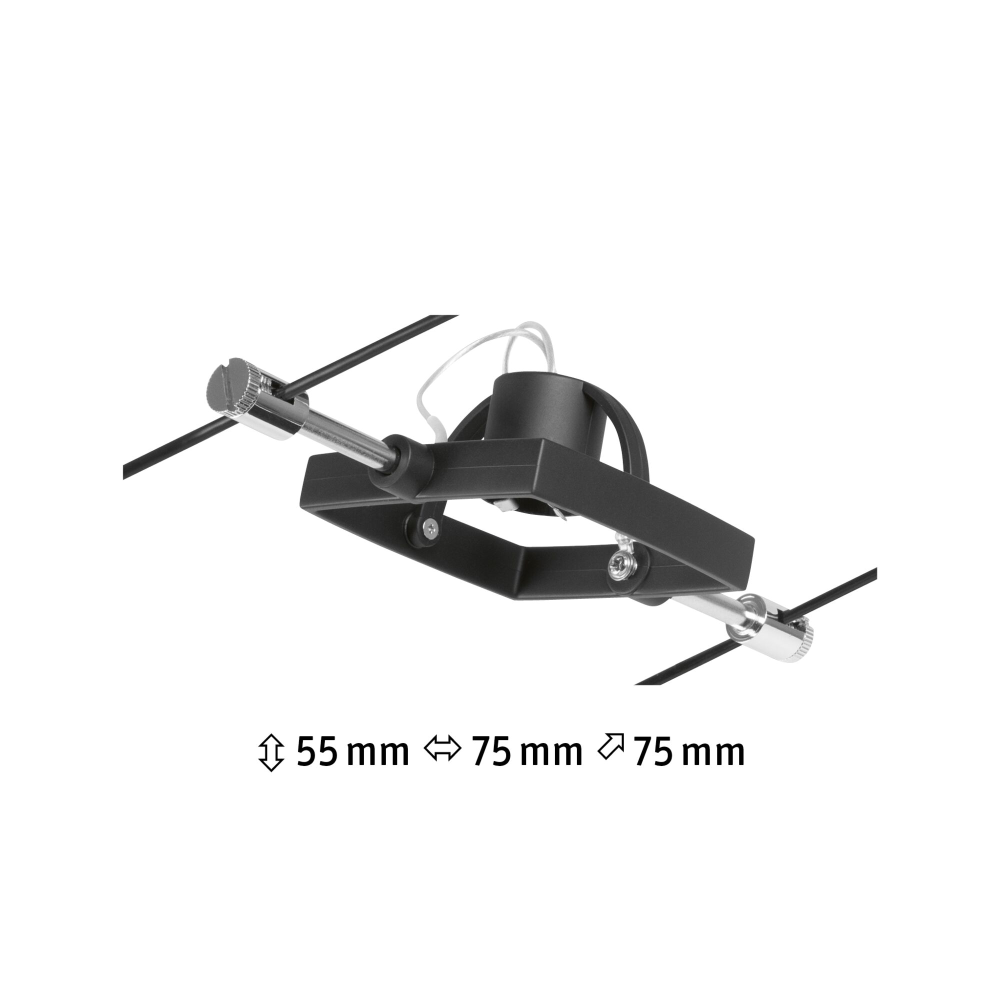 Sort metal LED-kabelspot-holder med justerbare mål 55x75x75 mm til moderne belysning