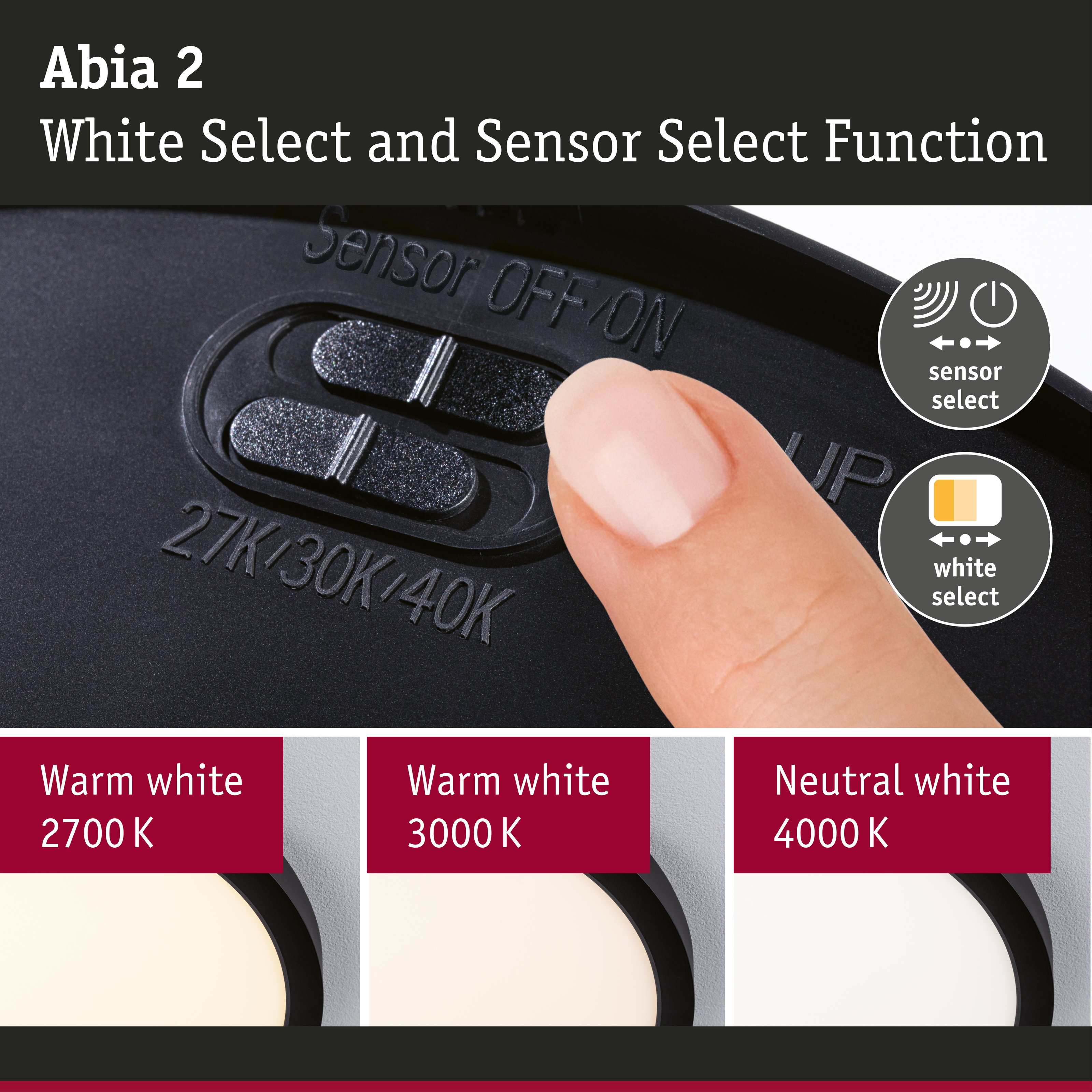 Black switch with sensor and white select function for LED lights offering three white tones