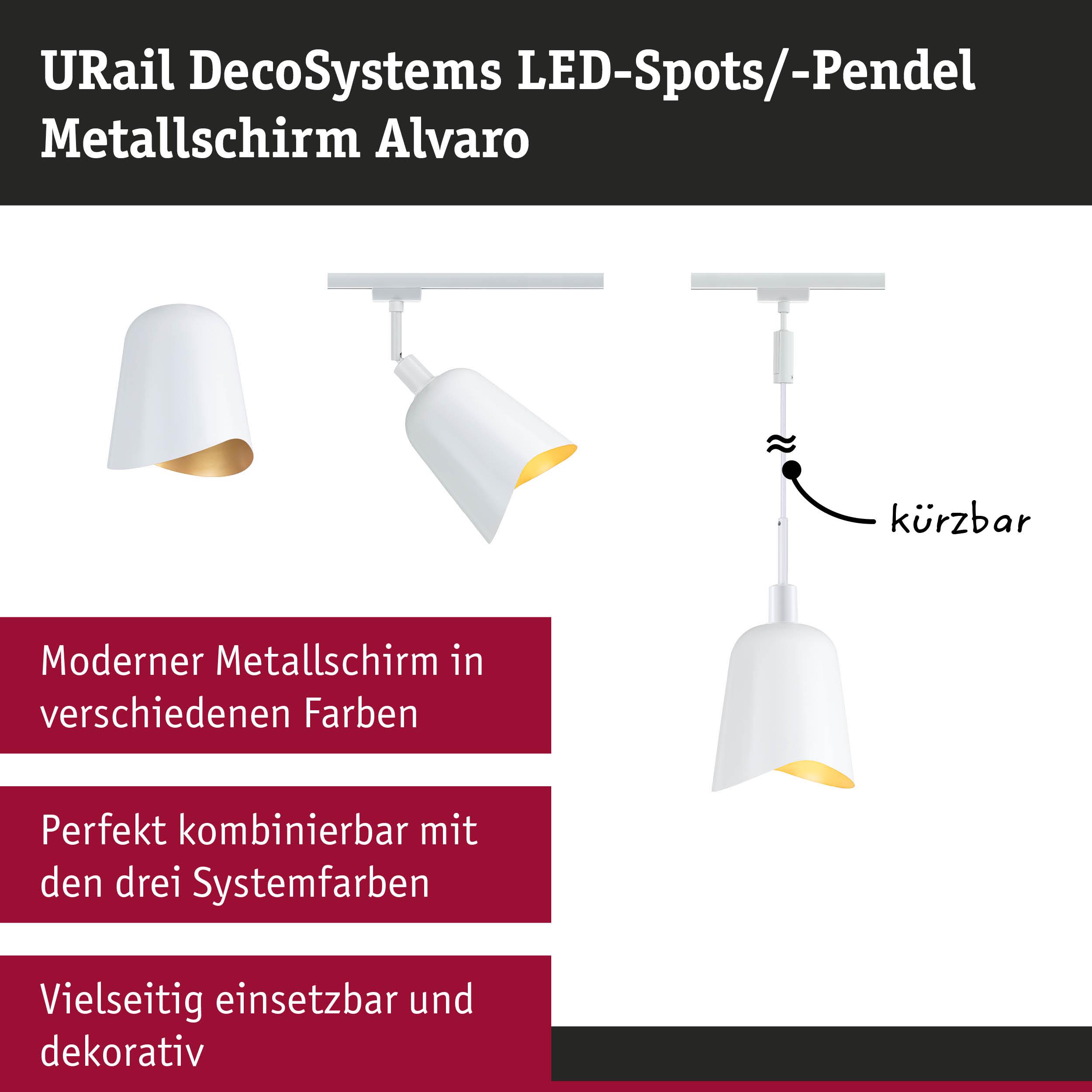 Weißer Metallschirm Alvaro mit goldener Innenseite als LED-Spot und Pendel, kürzbar und vielseitig einsetzbar