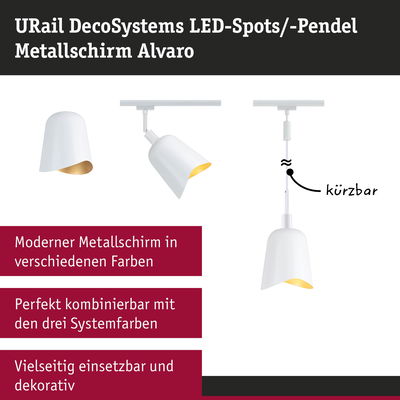 Weißer Metallschirm Alvaro mit goldener Innenseite als LED-Spot und Pendel, kürzbar und vielseitig einsetzbar