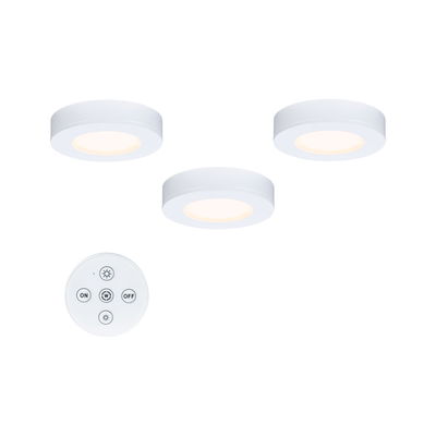 Three white LED ceiling lights with remote control for dimmable warm white light in modern design