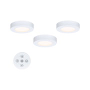 Drei weiße LED-Deckenleuchten mit Fernbedienung für dimmbares warmweißes Licht im modernen Design