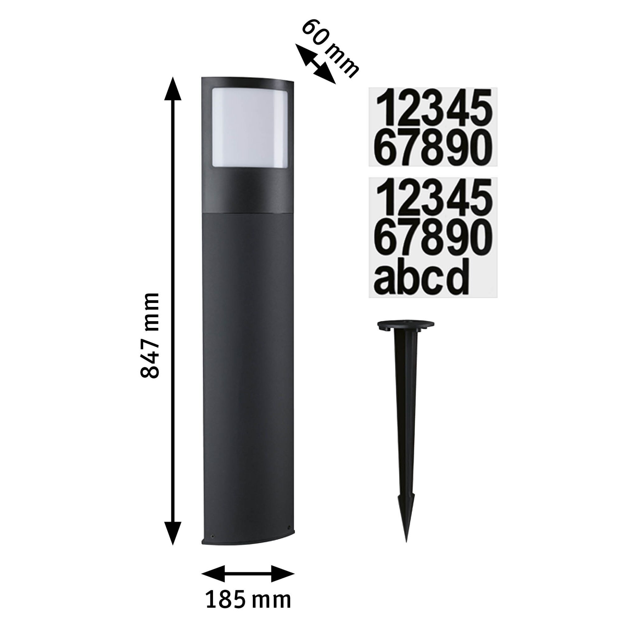 Schwarze Außenleuchte aus Metall mit Abmessungen 847x185x60 mm und Zahlenaufklebern für Hausnummern.