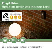 Smart Home Plug & Shine system with motion sensor on red brick wall and glowing garden sphere light