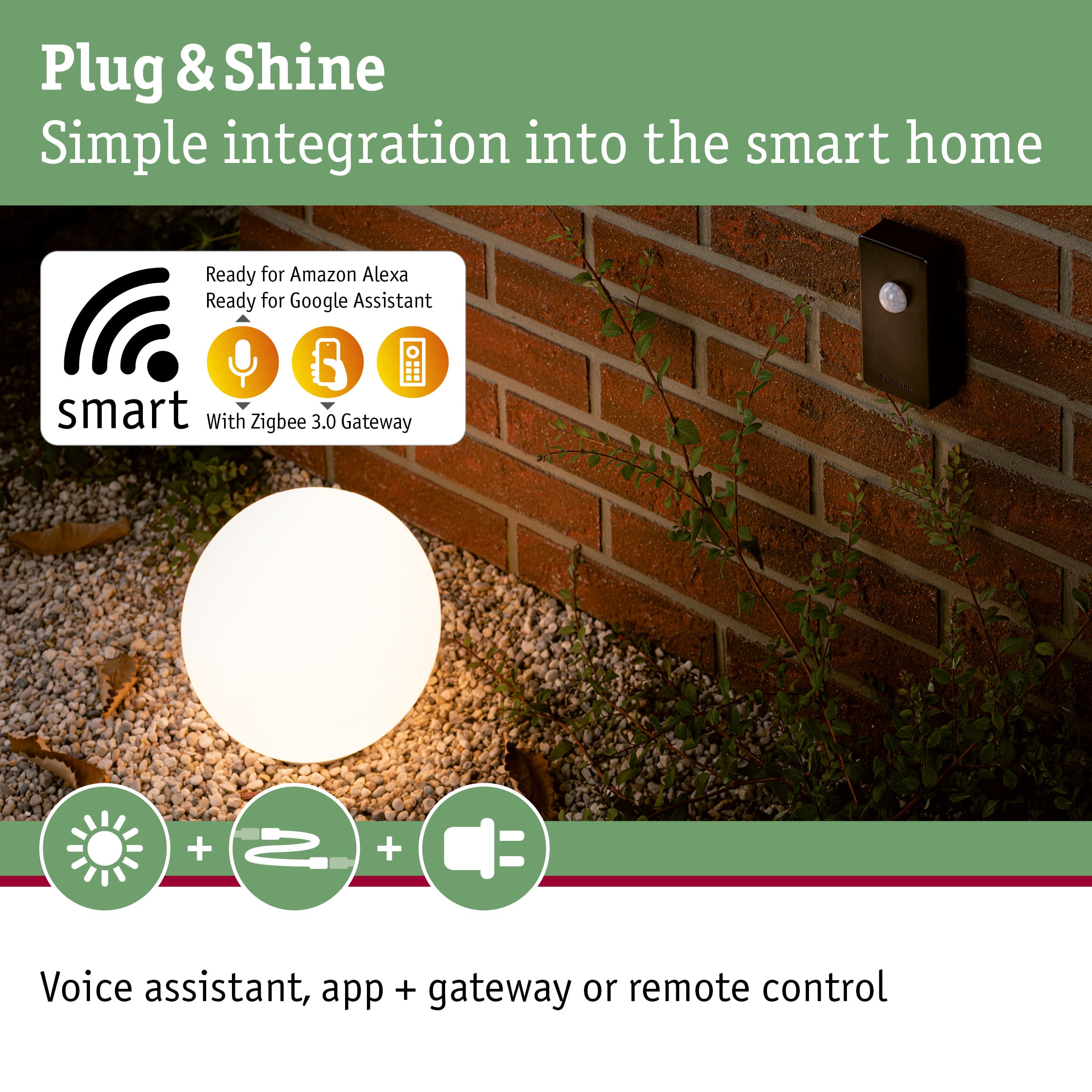 Smart Home Plug & Shine system with motion sensor on red brick wall and glowing garden sphere light