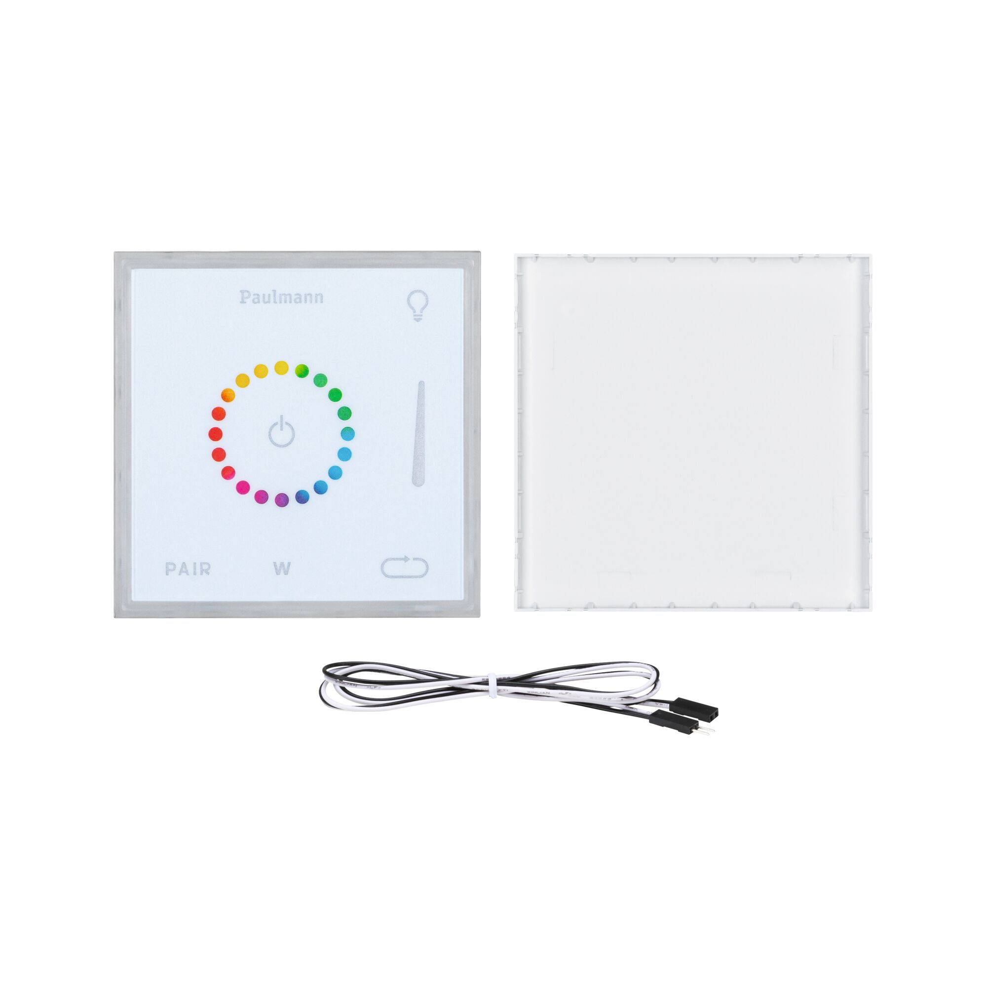 White plastic LED wall controller with colour wheel and cable for lighting control
