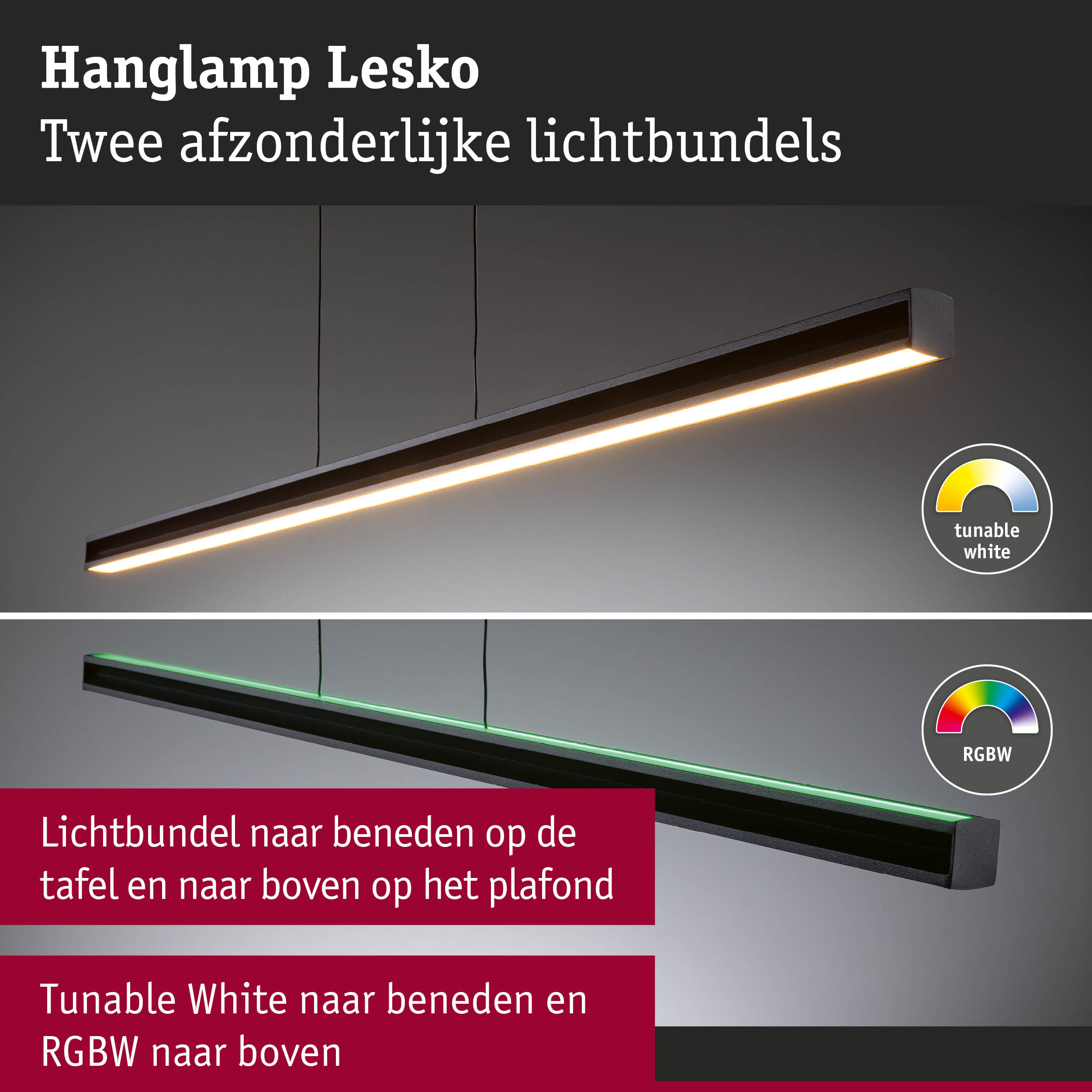 Zwarte LED-hanglamp Lesko met twee lichtbundels, instelbaar wit en RGBW-kleuren