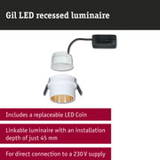Gil LED recessed luminaire in white aluminium with gold interior and black power cable