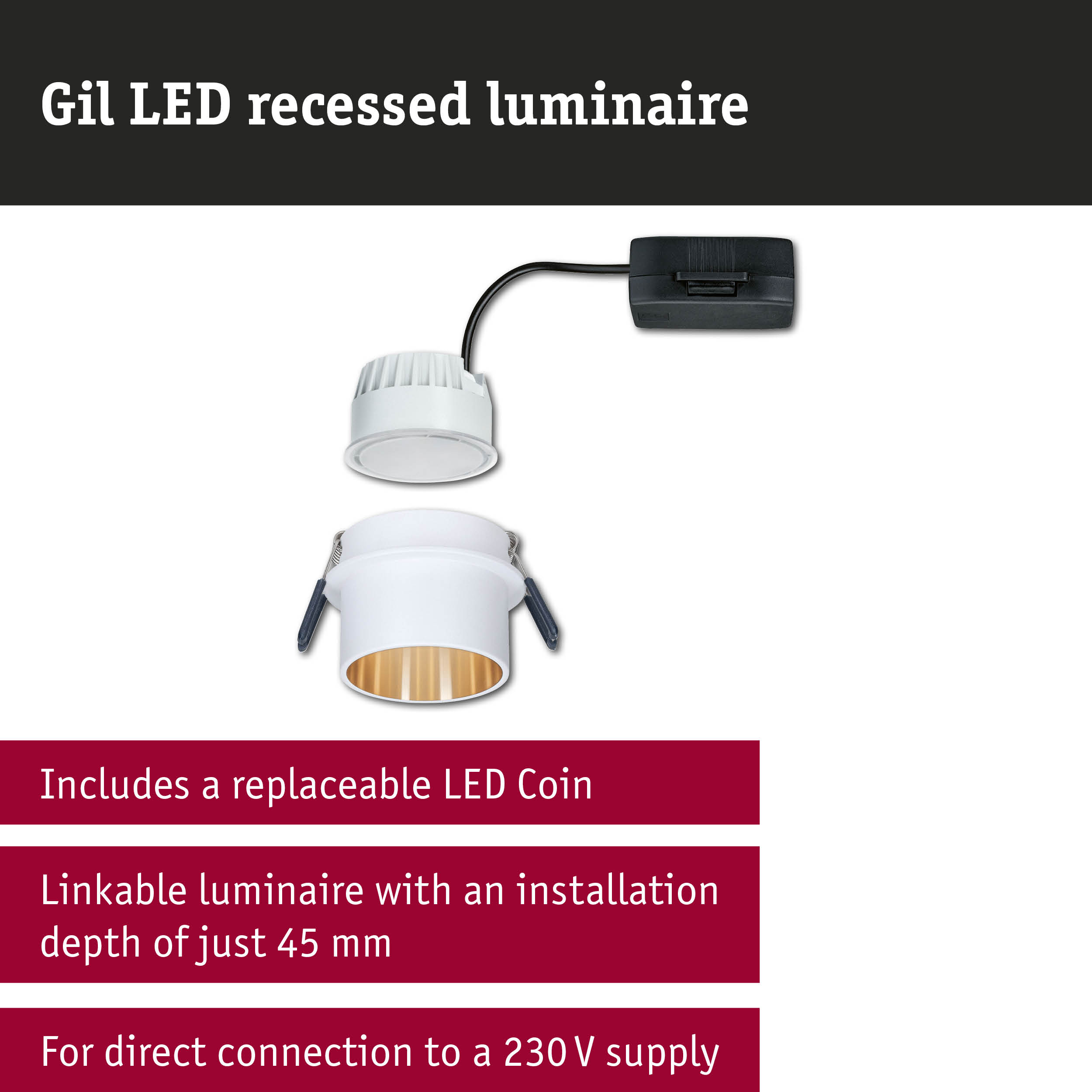 Gil LED recessed luminaire in white aluminium with gold interior and black power cable