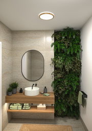 Plafonnier rond avec cadre en bois dans salle de bain moderne avec mur végétal et meuble en bois