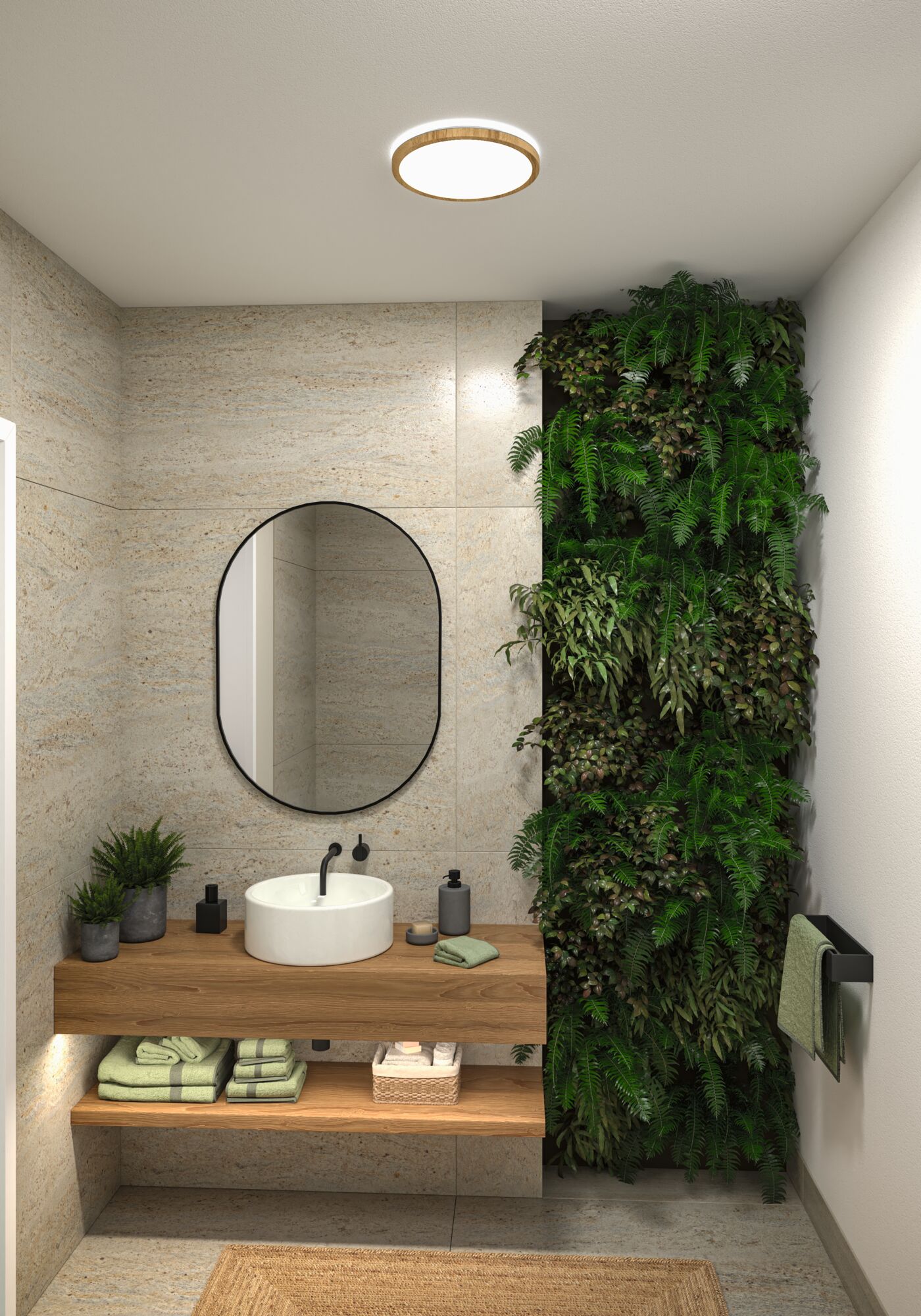 Plafonnier rond avec cadre en bois dans salle de bain moderne avec mur végétal et meuble en bois