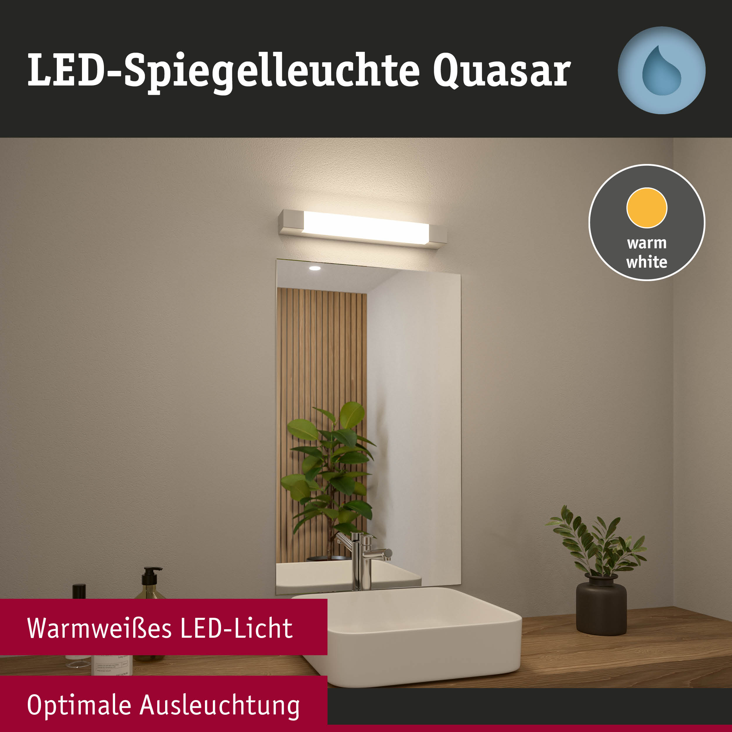 LED-Spiegelleuchte Quasar in warmweiß über Badspiegel für optimale Ausleuchtung im Badezimmer