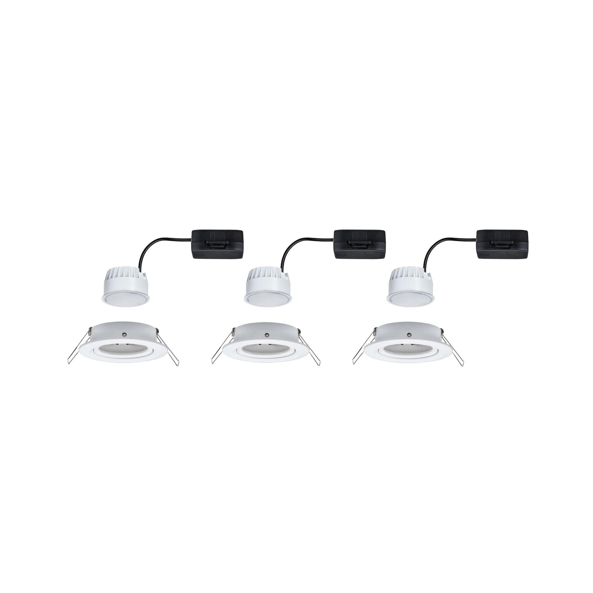 Drie witte LED-inbouwspots met zwarte aansluitkabel en metalen veren voor plafondmontage.