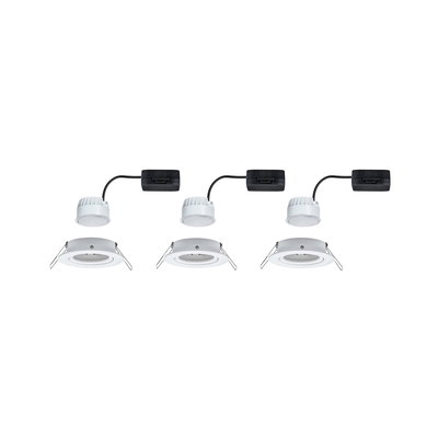 Three white LED recessed spotlights with black connector cable and metal springs for ceiling mounting.