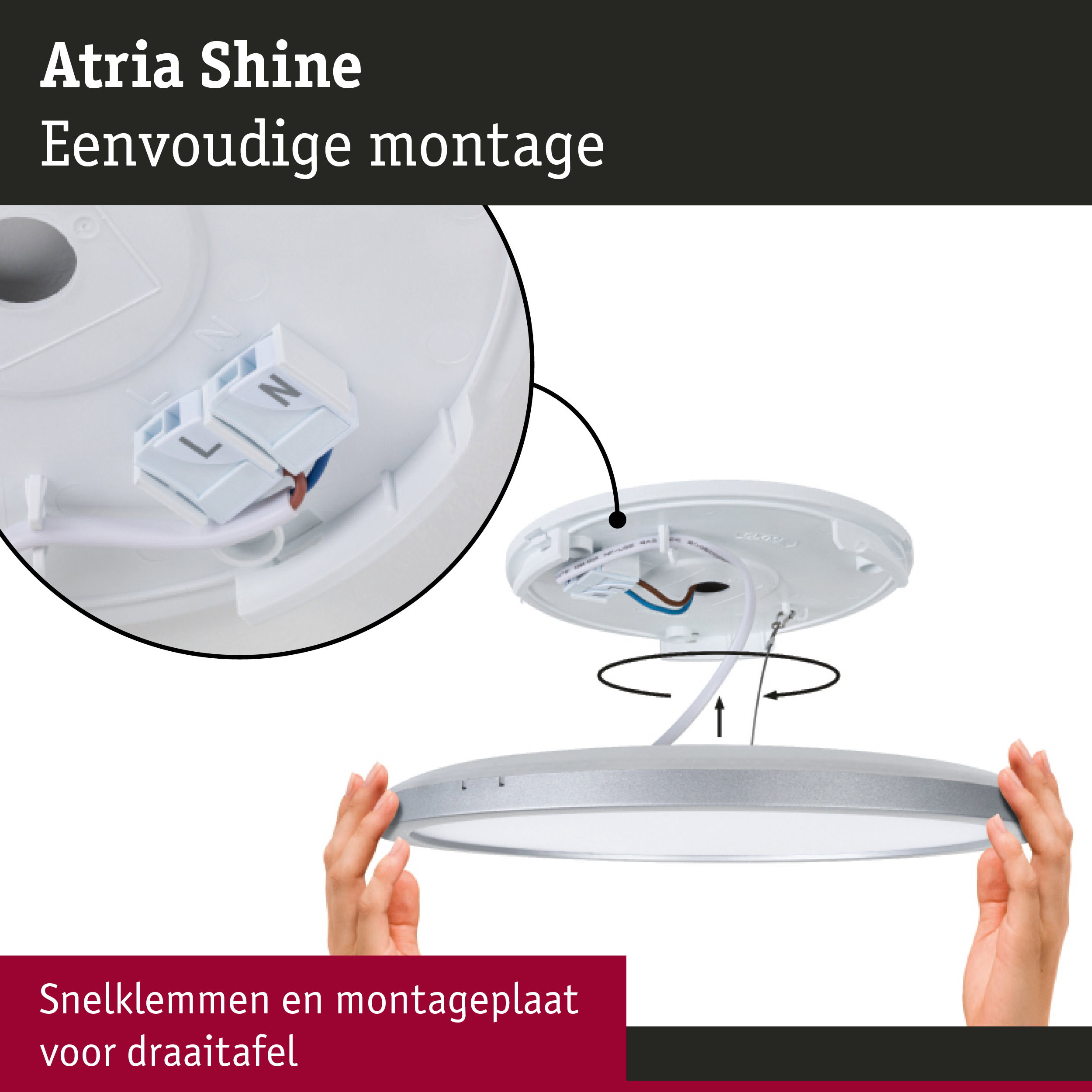 Witte Atria Shine plafondlamp met eenvoudige montage en snelklemmen voor draaiplateau