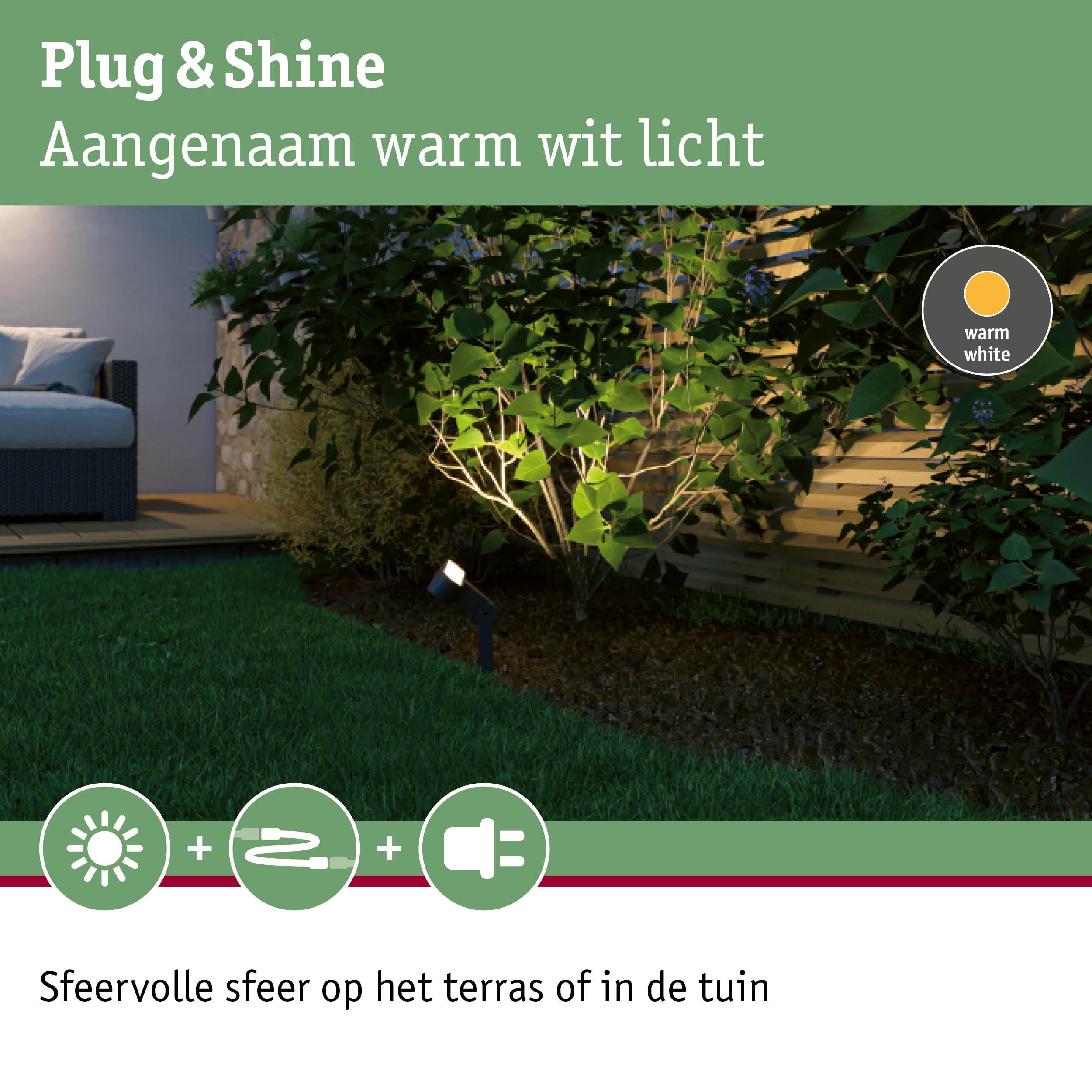 Buitenlamp met warm wit licht verlicht groene planten bij houten schutting in tuin