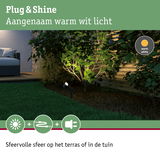 Buitenlamp met warm wit licht verlicht groene planten bij houten schutting in tuin