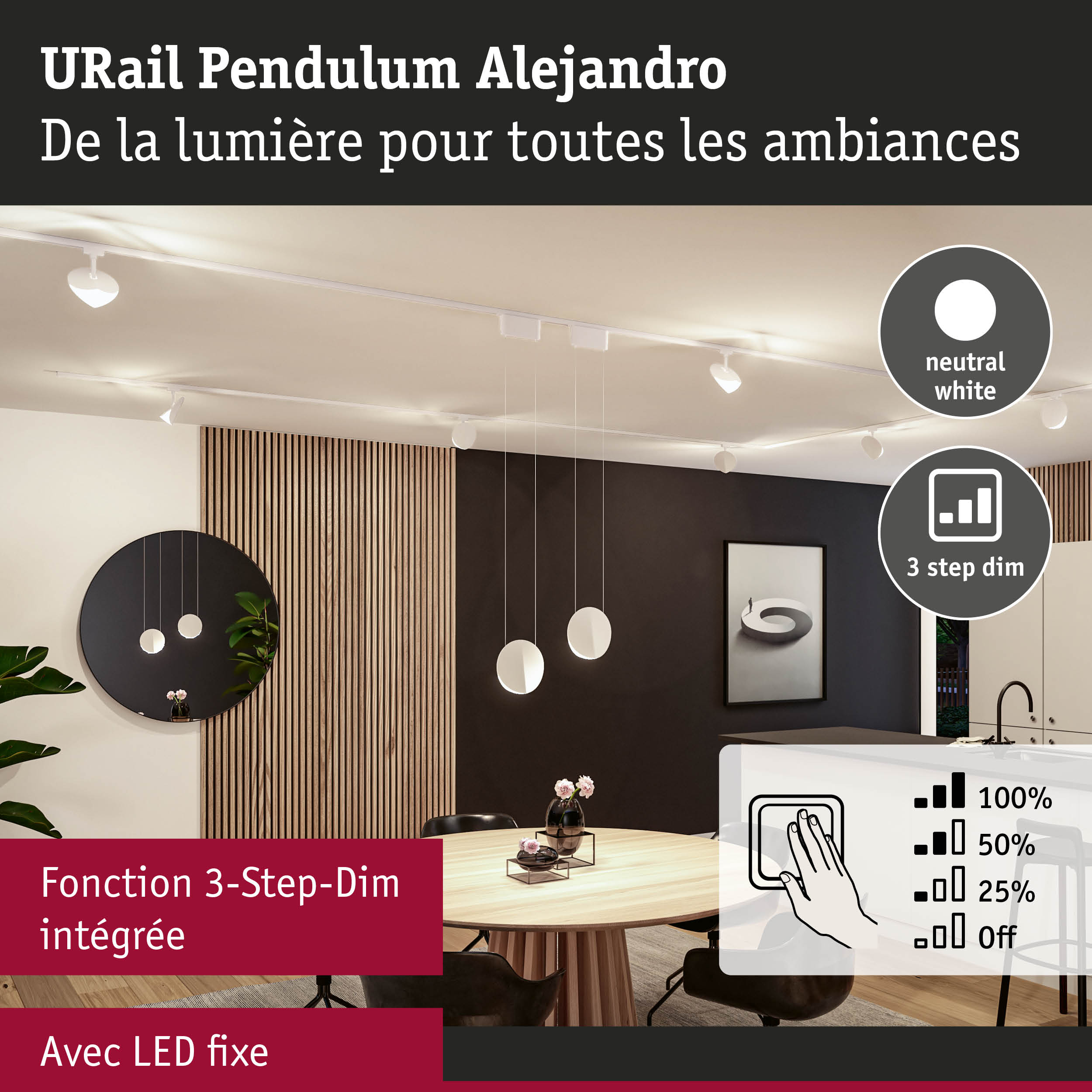 Suspension LED blanche URail Pendulum Alejandro avec fonction 3-Step-Dim intégrée pour intérieur
