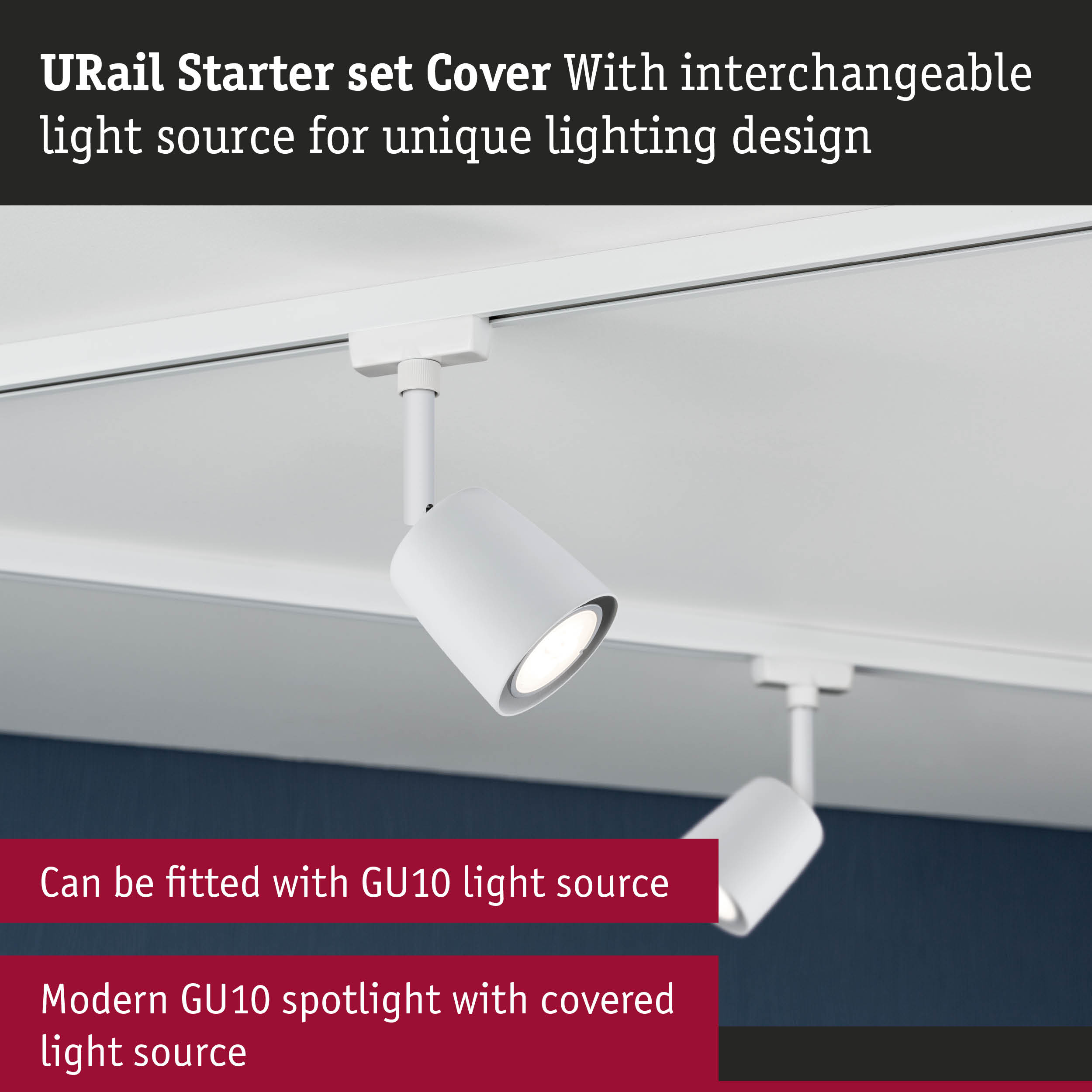 Modern white GU10 spotlight with covered light source on track system for flexible lighting design