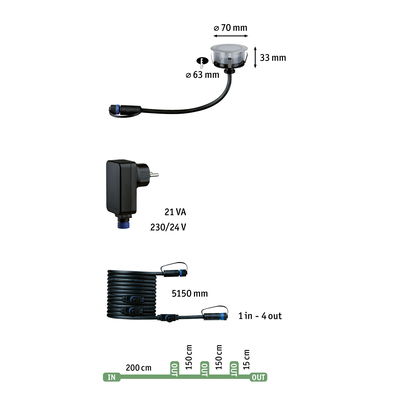 Technical drawing of black LED extension cable with 1 in and 4 out connectors, 5150 mm length.