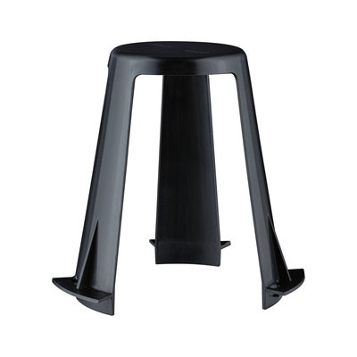 Black plastic stool with three-legged design for versatile use and space-saving storage