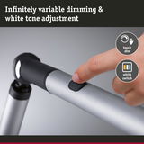 Silver LED lamp arm with black button for variable dimming and white tone adjustment