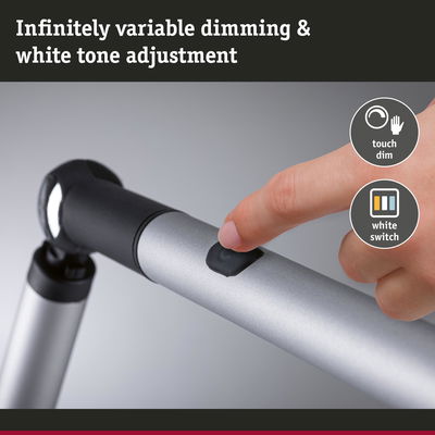 Silver LED lamp arm with black button for variable dimming and white tone adjustment