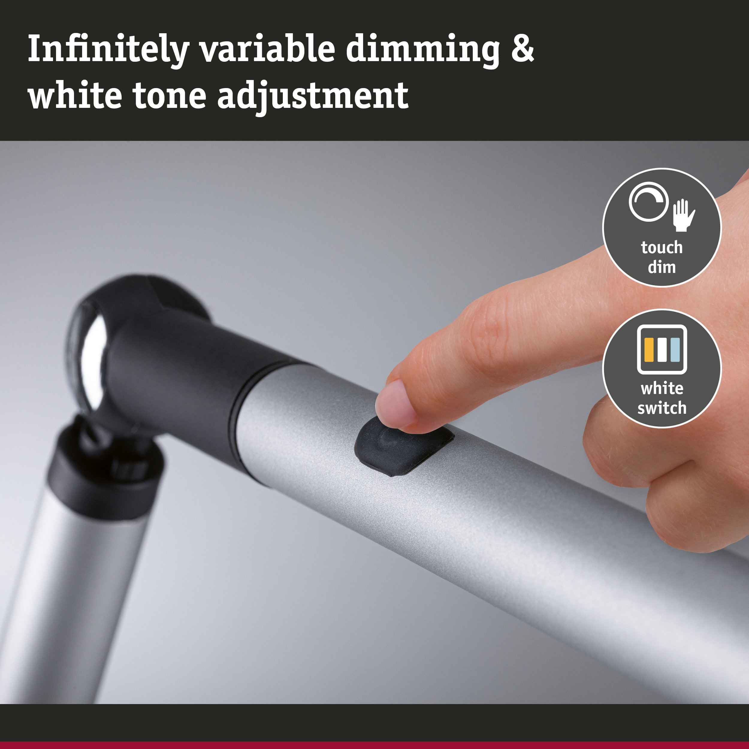 Finger pressing black switch on silver aluminium stand with dimmable lighting control