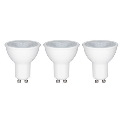 Three white GU10 LED spotlights with plastic housing for energy-saving lighting