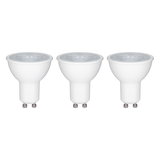 Three white GU10 LED spotlights with plastic housing for energy-saving lighting