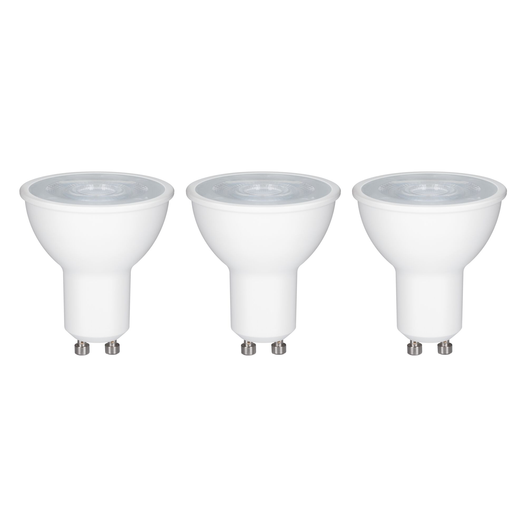 Three white GU10 LED spotlights with plastic housing for energy-saving lighting